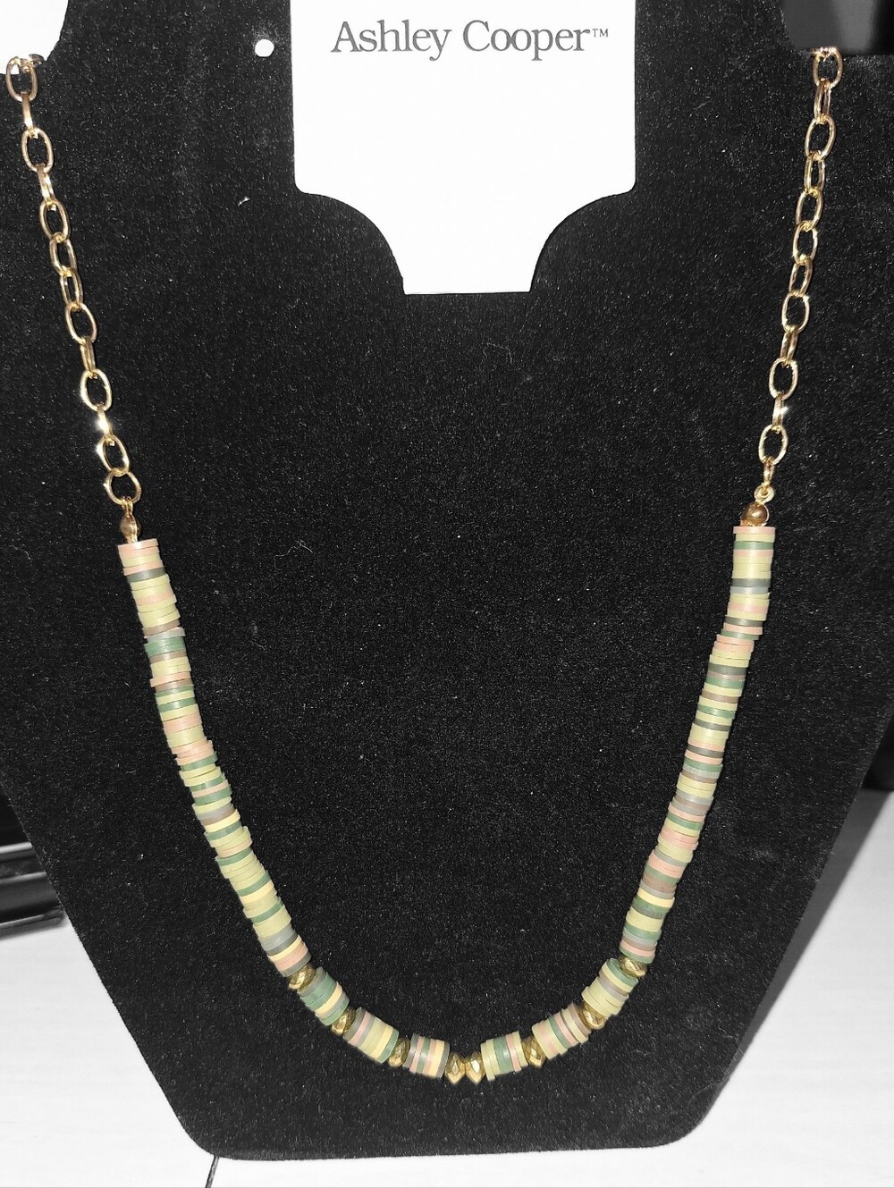 Ashley Cooper Gold Chain Necklace with Pastel Green and Pink Disc Beads
